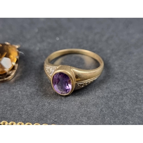 1020 - A 9ct gold wedding band; together with a 9ct gold ring, set central faceted amethyst, size M; and a ... 