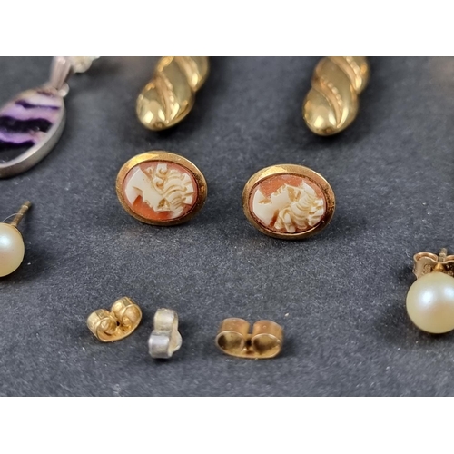 1032 - Three pairs of 9ct gold earrings and ear studs; together with five other pairs of earrings and ear s... 