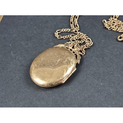 1047 - A 9ct gold locket, 42mm high, on 9ct gold fancy link chain, 47cm long, 10.6g; together with two yell... 