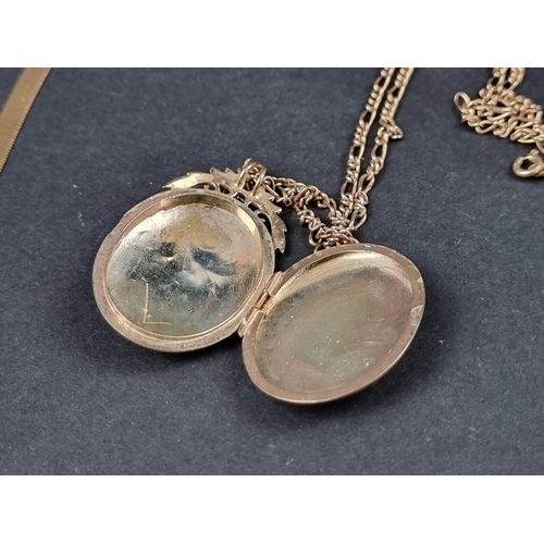 1047 - A 9ct gold locket, 42mm high, on 9ct gold fancy link chain, 47cm long, 10.6g; together with two yell... 