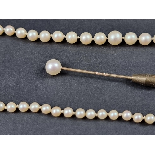 1053 - A graduated pearl necklace, the clasp stamped '9ct', 53cm long; together with a stick pin, having pe... 