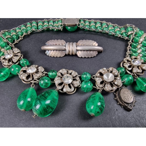 1082 - A vintage French green and white paste necklace and matching ear studs; together with a small quanti... 