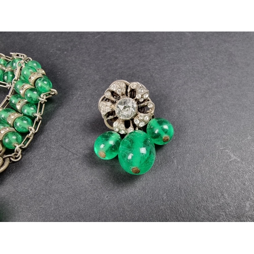 1082 - A vintage French green and white paste necklace and matching ear studs; together with a small quanti... 