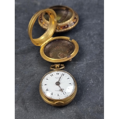 1166 - A 19th century 'Ottoman' gold plated and tortoiseshell triple case verge fusee key wind open face po... 