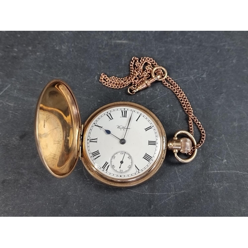 1170 - A 9ct gold hunter stem wind pocket watch, signed Waltham USA, 49mm, the Dennison case hallmarked Bir... 