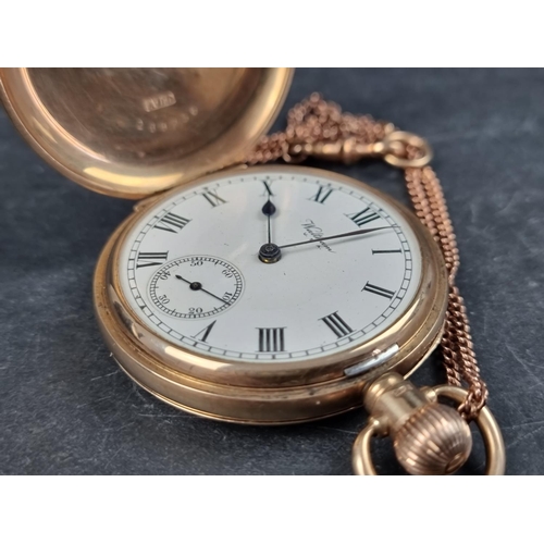 1170 - A 9ct gold hunter stem wind pocket watch, signed Waltham USA, 49mm, the Dennison case hallmarked Bir... 