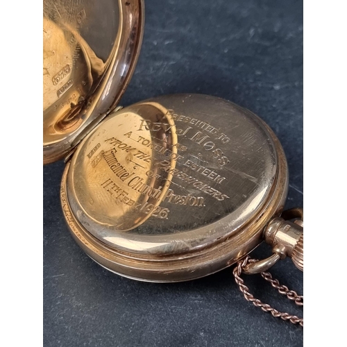 1170 - A 9ct gold hunter stem wind pocket watch, signed Waltham USA, 49mm, the Dennison case hallmarked Bir... 