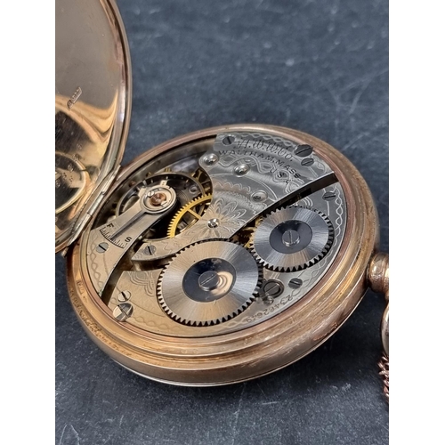 1170 - A 9ct gold hunter stem wind pocket watch, signed Waltham USA, 49mm, the Dennison case hallmarked Bir... 