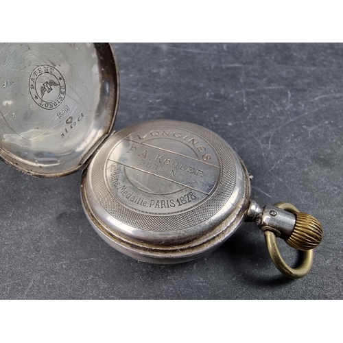 1172 - An early 20th century Longines open faced stem wind pocket watch, stamped 800, 46mm, the white ... 