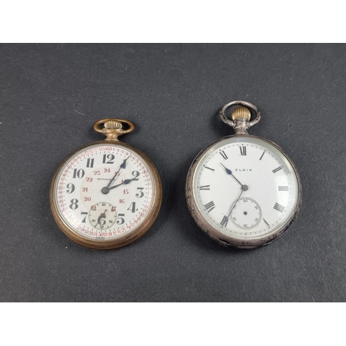 1175 - An Elgin silver open faced stem wind pocket watch, import mark London 1908, 50mm; together with a De... 