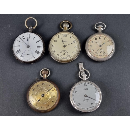 1178 - An open faced key wind pocket watch, 50mm, the case stamped 'fine silver'; together with three other... 