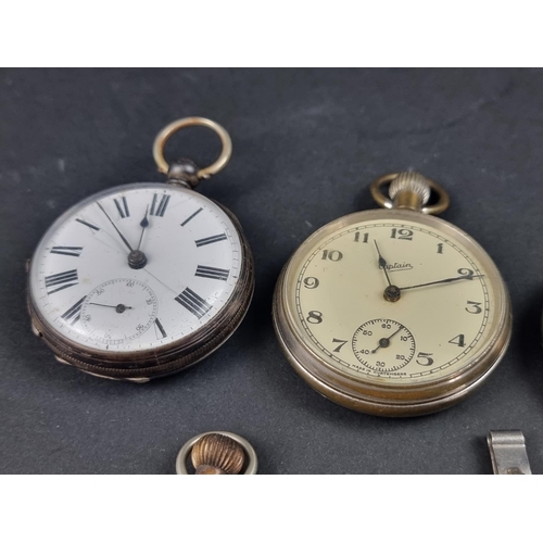 1178 - An open faced key wind pocket watch, 50mm, the case stamped 'fine silver'; together with three other... 