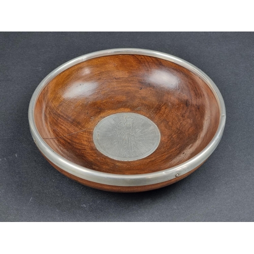 674 - A silver mounted fruitwood mazer bowl,  by Thomas Bradbury and Sons, Sheffield 1923, 19.5cm diameter... 