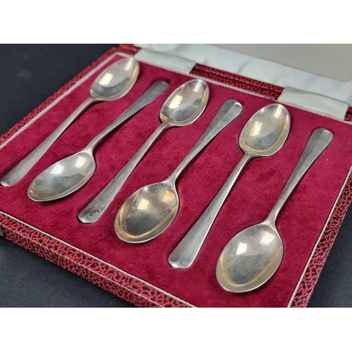 684 - A cased set of six silver Hanoverian rat tail teaspoons, by Roberts & Belk Ltd, Sheffield 1976, ... 