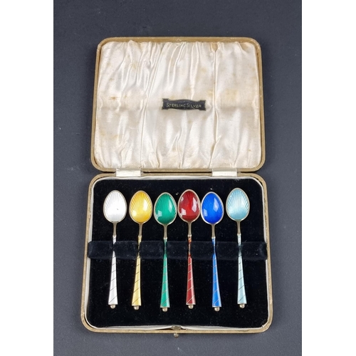 685 - A cased set of six Danish gilt and guilloche enamel coffee spoons, by Egon Lauridsen, Copenhagen, st... 