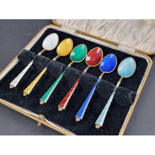 685 - A cased set of six Danish gilt and guilloche enamel coffee spoons, by Egon Lauridsen, Copenhagen, st... 