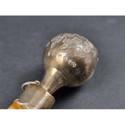 686 - A cased Victorian silver child's rattle, having tiger's eye handle, by George Unite, Birmingham 1888... 