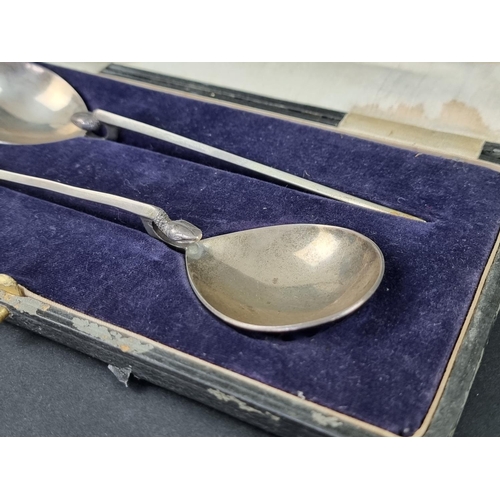 689 - A cased pair of silver spoons, having serpent head decoration to stems, by Thomas Bradbury &... 