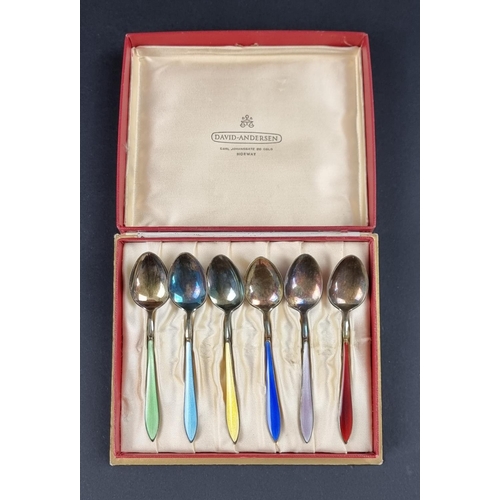 691 - A cased set of six Norwegian guilloche enamel coffee spoons, by David Andersen, stamped 'Sterling 92... 