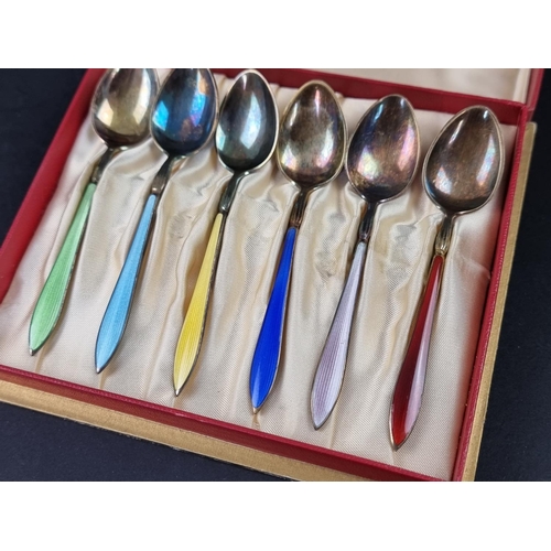 691 - A cased set of six Norwegian guilloche enamel coffee spoons, by David Andersen, stamped 'Sterling 92... 