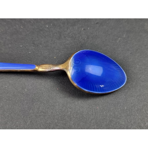 691 - A cased set of six Norwegian guilloche enamel coffee spoons, by David Andersen, stamped 'Sterling 92... 