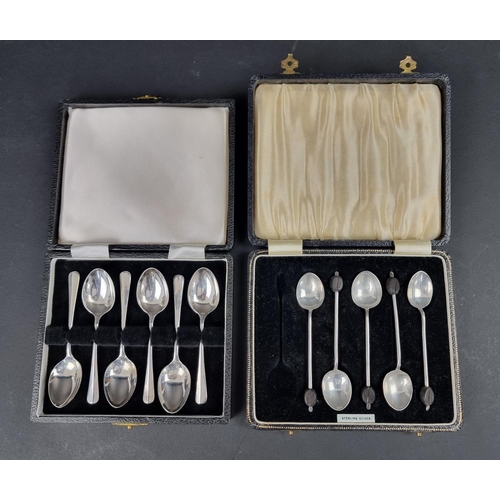 695 - A cased set of six silver rat tail coffee spoons, by C Robathan & Son, Birmingham 1979; together... 