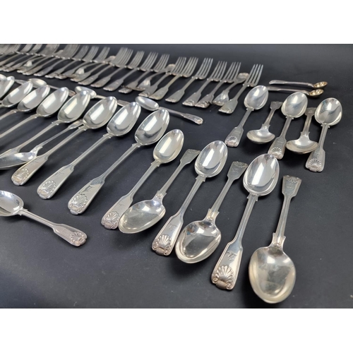 698A - A Victorian canteen of silver fiddle, thread and shell pattern cutlery, the majority by Chawner &... 