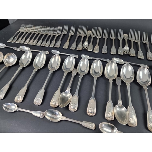 698A - A Victorian canteen of silver fiddle, thread and shell pattern cutlery, the majority by Chawner &... 