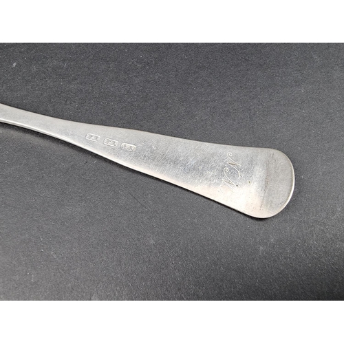 707 - A Colonial white metal table spoon, stamped 'FR' three times, 22cm long, 39.5g.