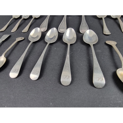 756 - A quantity of Georgian and later silver cutlery, 452g; together with four teaspoons, stamped 'Sterli... 