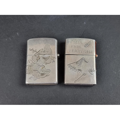 780 - A vintage Japanese white metal Zippo lighter, stamped '950 Sterling', 5.7cm high; together with anot... 