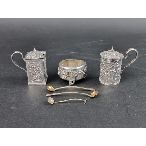 795 - Two Chinese export white metal mustard pots, makers mark Y.L, each approx. 65mm high; together with ... 