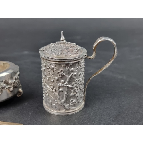 795 - Two Chinese export white metal mustard pots, makers mark Y.L, each approx. 65mm high; together with ... 