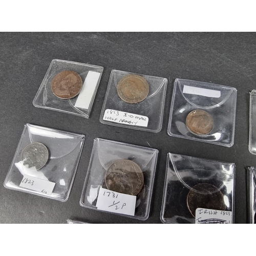 878 - Coins: seven George II to Victoria copper coins, to include a 1731 ha'penny; and an 1813 Isle of Man... 