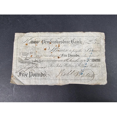 887 - Banknotes: a rare provincial Pembrokeshire Bank five pound note, dated 10th November 1870, Serial No... 