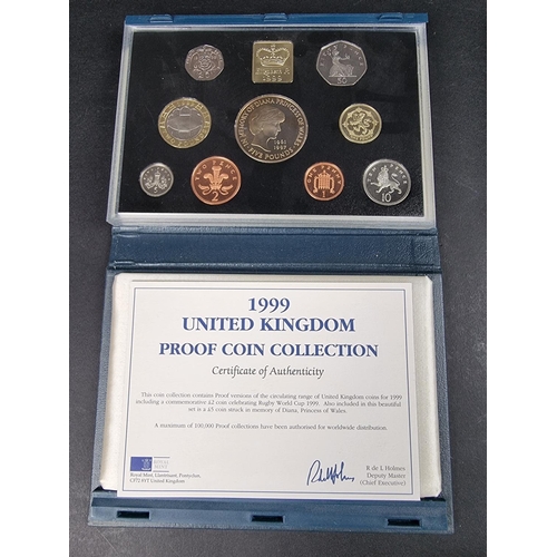 890 - Coins: three Royal Mint 'UK Proof Coin Collections', 1988, 1996 and 1999; together with a 2007 Diamo... 