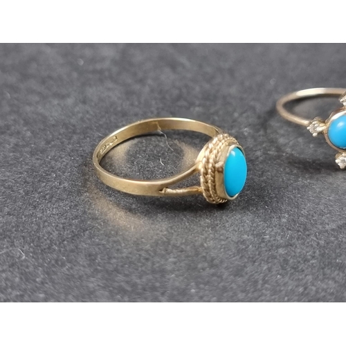 933 - A yellow metal ring, set central cabochon turquoise and four small diamonds, stamped 14k, size P 1/2... 