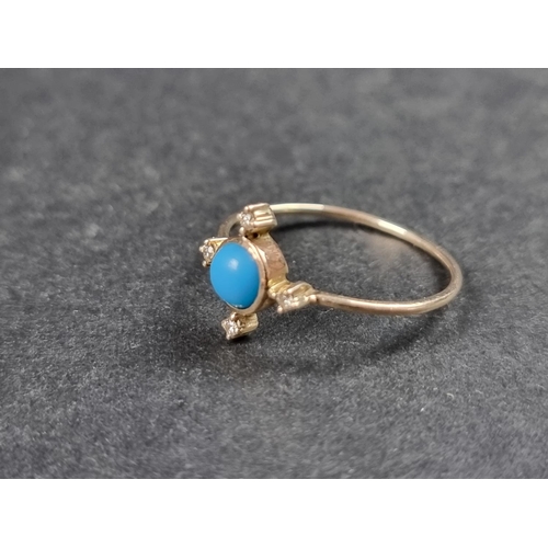 933 - A yellow metal ring, set central cabochon turquoise and four small diamonds, stamped 14k, size P 1/2... 