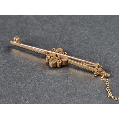 954 - A late Victorian yellow and white metal bar brooch, set central cluster of four cabochon opals and f... 