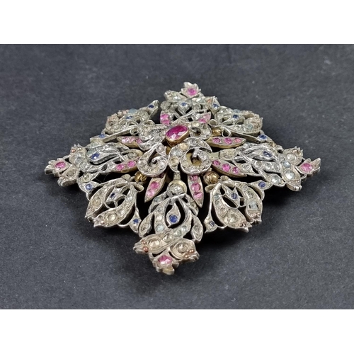 957 - An impressive early 20th century Sri Lankan white and yellow metal brooch, set blue and pink sapphir... 