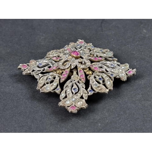 957 - An impressive early 20th century Sri Lankan white and yellow metal brooch, set blue and pink sapphir... 