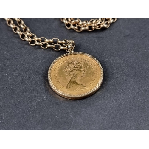 973 - An Elizabeth II 1974 gold sovereign, in 9ct gold pendant mount, on 9ct gold chain, 57cm, gross weigh... 