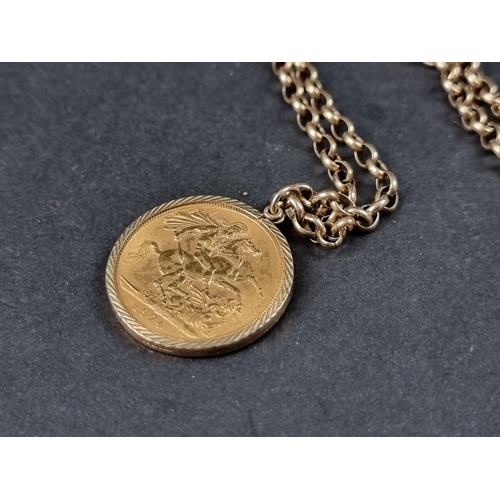 973 - An Elizabeth II 1974 gold sovereign, in 9ct gold pendant mount, on 9ct gold chain, 57cm, gross weigh... 