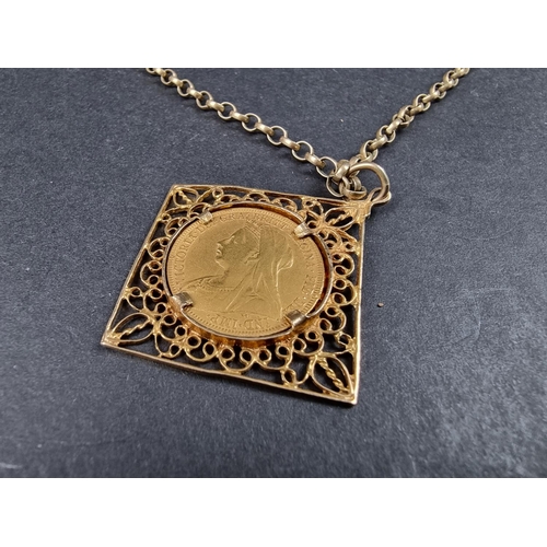 974 - A Victoria 1896 gold sovereign, in 9ct gold pendant mount, on 9ct gold chain, approx. 59cm, gross we... 