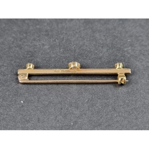 984 - A 9ct gold bar brooch, set three old cut diamonds, by Sidney Beddall, Edinburgh 1978, 45mm, gross we... 