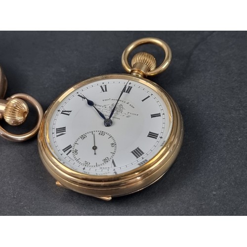 1173 - A gold plated open faced stem wind pocket watch, 51mm, the dial signed Thos Russell & Son Liverp... 