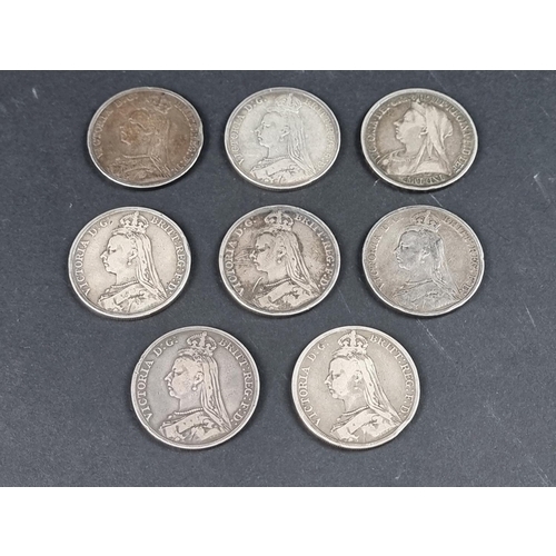 864 - Coins: eight Victoria silver crowns, comprising: 1889 (4); 1890; 1891; 1892; and 1893. (8)... 