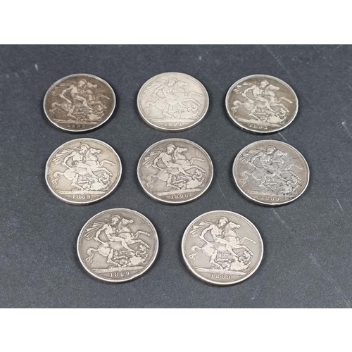 864 - Coins: eight Victoria silver crowns, comprising: 1889 (4); 1890; 1891; 1892; and 1893. (8)... 