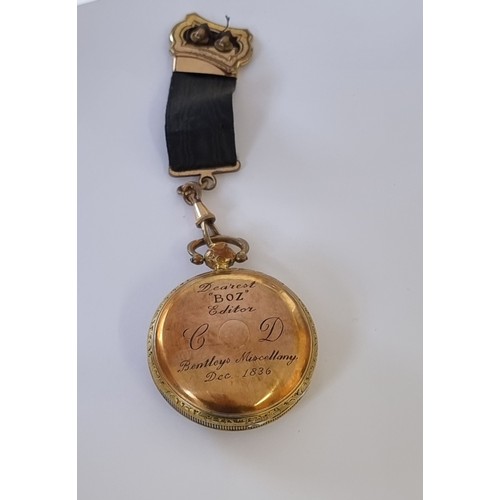 63 - CHARLES DICKENS POCKET WATCH, gifted from Bentleys Miscellany: a William IV gilt metal open faced ke...