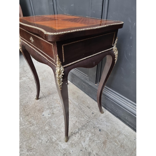 1053 - A Louis XV style, mahogany and brass occasional table, the hinged top with mirrored panel, 58cm wide... 